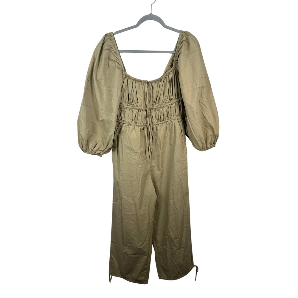 Ulla Johnson Jumpsuit Women 4 Khaki Tan Excellent Smocked Puff Sleeve Cotton